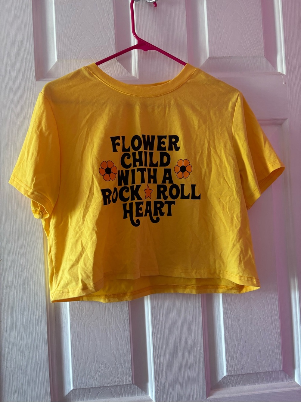 Hippie Yellow Flower Child with a Rock & Roll Heart Graphic Crop Tee